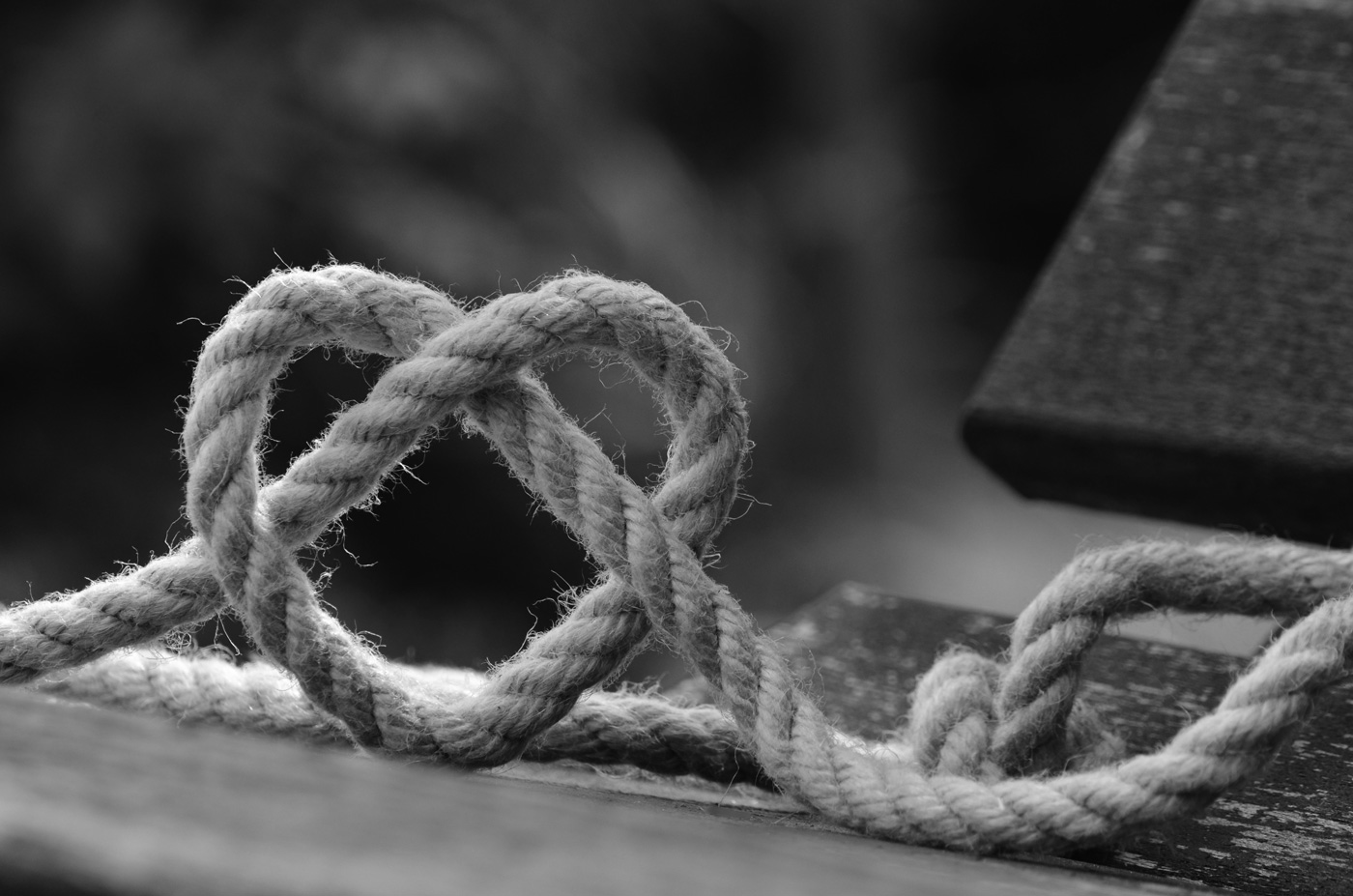 A black and white photograph of a thick rope, whose knot is in the shape of a heart.