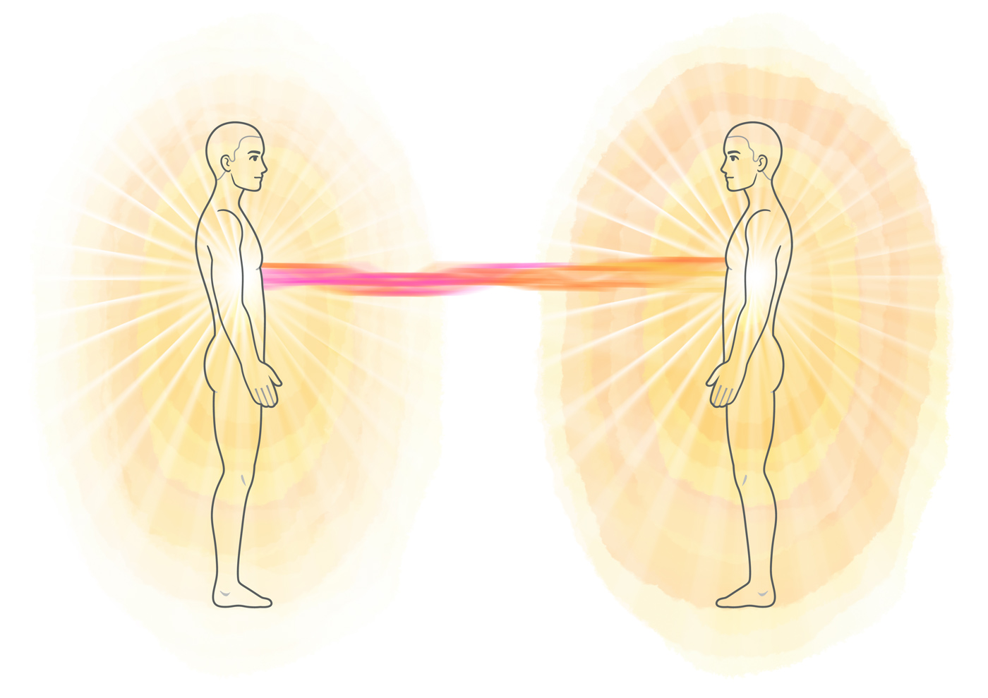 A diagram of two men - one with a weak aura, one with a strong aura. There is a thick etheric cord connecting them both. You can see the man with the strong aura has drained the other.