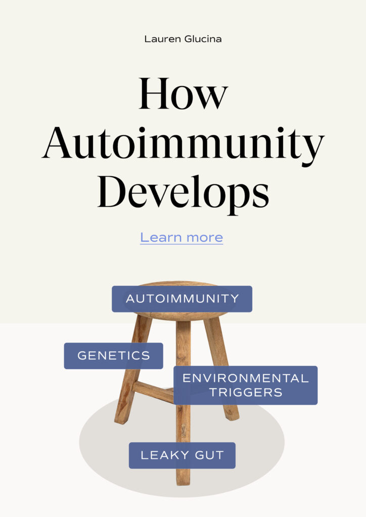 A pinterest graphic with the title 'How Autoimmunity Develops' and image of a three-legged stool below.