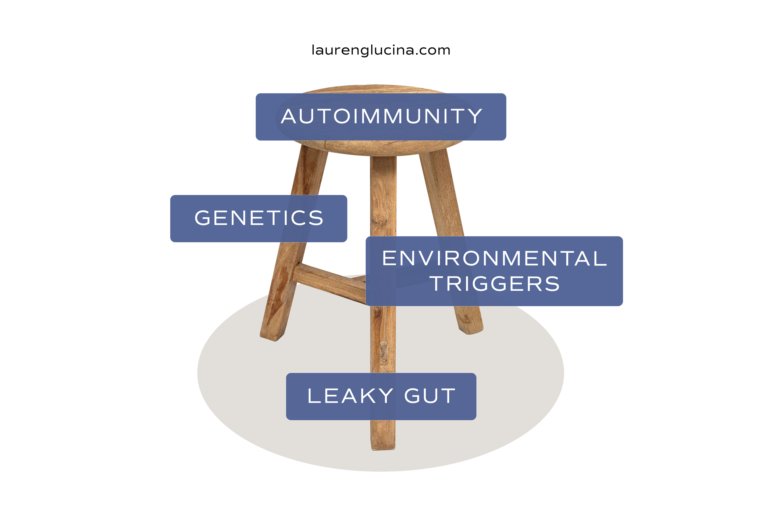 A diagram of a three-legged stool used to explain the causes of. autoimmunity. The seat of the stool is captioned 'Autoimmunity'. Each leg of the stool is captioned, 'Genetics', 'Environmental triggers' and 'Leaky gut', respectively. 