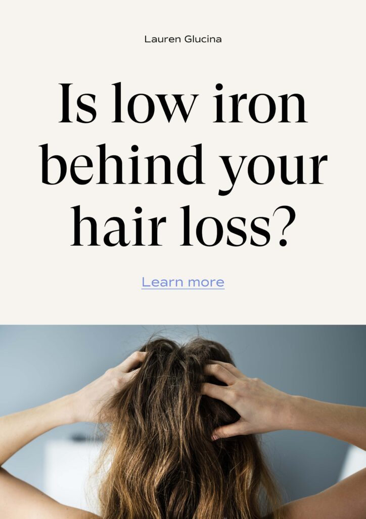 Image of a woman losing hair with the title 'Is low iron behind your hair loss?' written over the top.